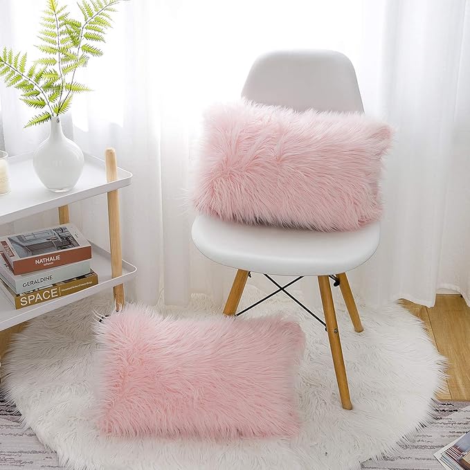 WLNUI Set of 2 Pink Christmas Decorative Lumbar Fluffy Pillow Covers New Luxury Series Merino Style Blush Faux Fur Throw Pillow Covers Fuzzy Cushion Case for Sofa Bedroom Home Decor 12x20 Inch