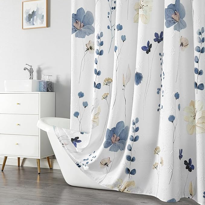 QiyI Long Shower Curtain 72 x 78, Watercolor Floral Bath Curtain, 3D Embossed Butterflies Grey Flower Cloth Bathroom Decor, Waterproof Fabric Rustic Farmhouse Textured Shower Set with Hooks