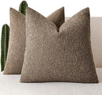 Foindtower Set of 2, Decorative Textured Boucle Throw Pillow Covers Accent Solid Pillow Cases Neutral Soft Cozy Couch Cushion Case for Chair Sofa Bedroom Living Room Home Decor 16x16 Inch Light Brown