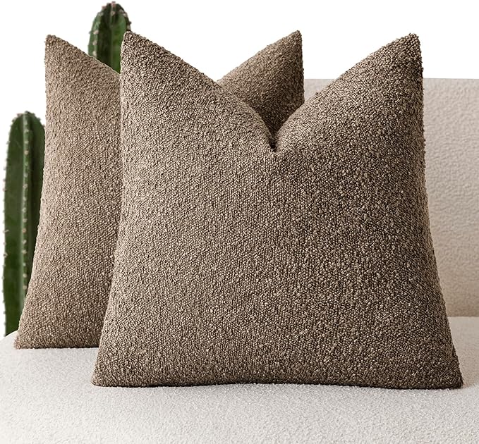 Foindtower Set of 2, Decorative Textured Boucle Throw Pillow Covers Accent Solid Pillow Cases Soft Cozy Couch Cushion Case for Chair Sofa Bedroom Living Room Home Decor 26x26 Inch Light Brown