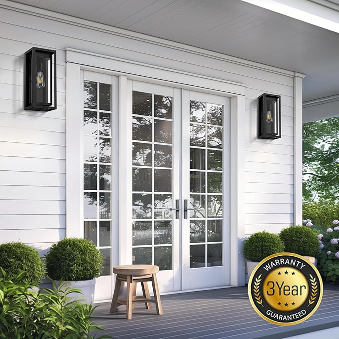 15" Large Outdoor Wall Lights, 2 Pack Matte Black Outdoor Sconces, Modern Waterproof Exterior Lighting Fixtures with Clear Glass Shade for Front Door, Porch, Garage