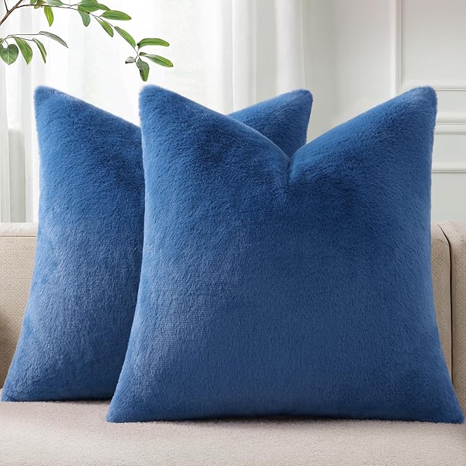 Pallene Faux Fur Plush Throw Pillow Covers 26x26 Set of 2, Soft Fluffy Couch Pillow Covers for Living Room, Navy Blue