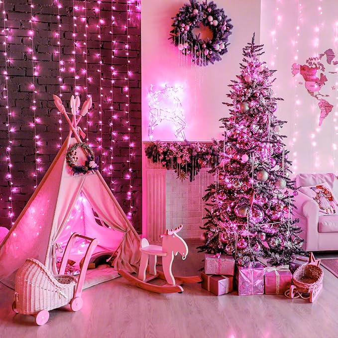 100ft Pink Christmas Lights Outdoor 300 LED Pink String Lights 8 Modes Clear Wire, Plug in Waterproof Twinkle Fairy Lights for Bedroom Indoor Wedding Christmas Party Decorations