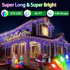 66FT 670 LED Christmas Lights 148 Ice Drops, 12 Modes and Timer Memory Dimmable, Outdoor Waterproof Hanging String Light for Xmas Holiday Wedding Garden Fence House Tree Outside Decor (Multicolor)