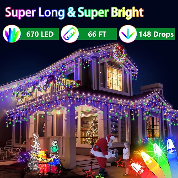 66FT 670 LED Christmas Lights 148 Ice Drops, 12 Modes and Timer Memory Dimmable, Outdoor Waterproof Hanging String Light for Xmas Holiday Wedding Garden Fence House Tree Outside Decor (Multicolor)
