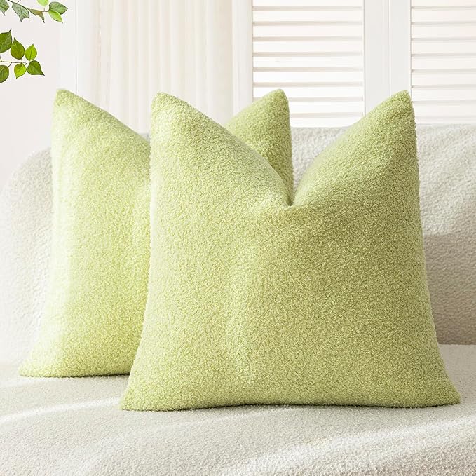 Foindtower Pack of 2, Curly Faux Fur Decorative Throw Pillow Covers Soft Neutral Plush Cushion Case with Zipper Cozy Pillowcase for Home Living Room Couch Bed Sofa 18 x 18 Inch, Grass Green