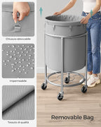 SONGMICS 29-Gallon (110 L) Laundry Basket with Wheels, Rolling Round Heavy-Duty Laundry Hamper Cart with Steel Frame and Removable Bag, 2 Locking Wheels, Gray and Metallic Silver URLS002G01