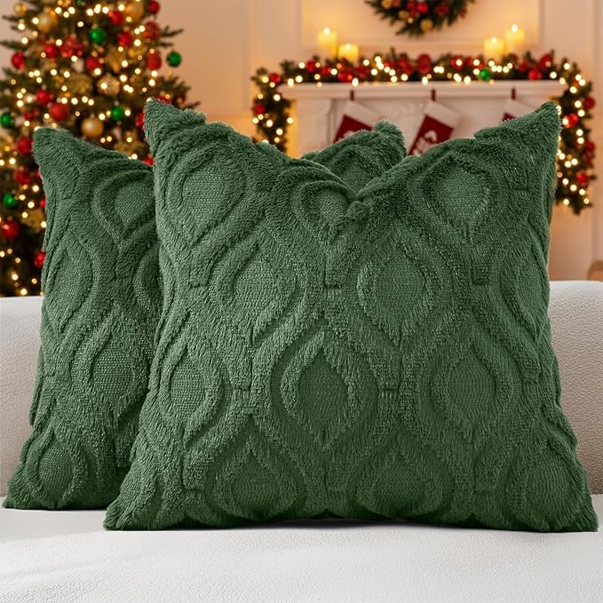 decorUhome Christmas Throw Pillow Covers 22x22 Inch Set of 2, Soft Plush Decorative Faux Fur Forest Elf Solid Couch Pillow Covers, Accent Farmhouse Neutral Square Euro Pillow Cases for Sofa