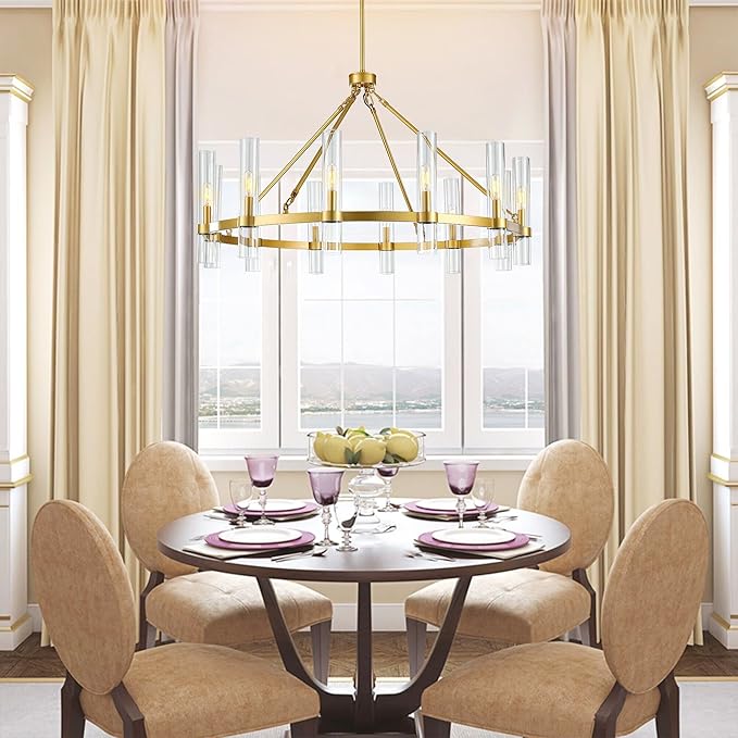 Untrammelife 12-Light Gold Chandelier with Clear Glass, 36” Large Wagon Wheel Chandelier Farmhouse Dining Room Light Fixture Modern Round Chandeliers for Dining Room Foyer