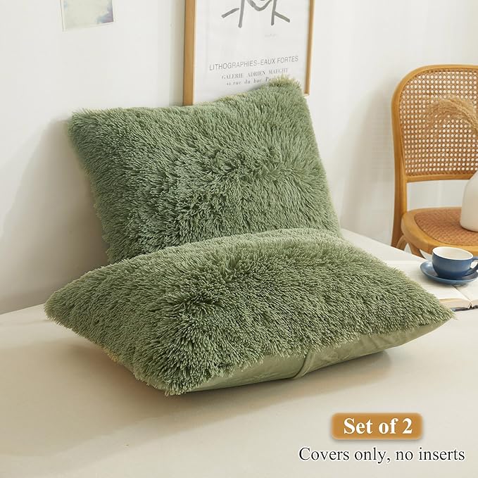 XeGe Faux Fur Fluffy Throw Pillowcases, Plush Shaggy Soft Furry Pillow Covers, Fuzzy Decorative Pillow Cases, Velvet Pillow Shams for Bed Couch Sofa Zipper Closure, Set of 2(Standard, Sage Green)
