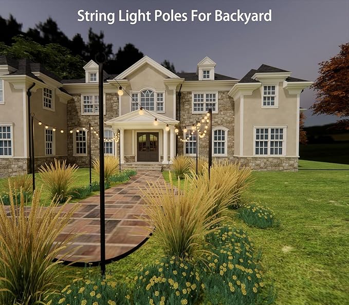 4 Pack 9FT String Light Poles for Outdoor Use, Rustproof Waterproof Metal Poles with Electrophoresis Coating, for Patio, Garden, Backyard, Wedding, Deck, Party