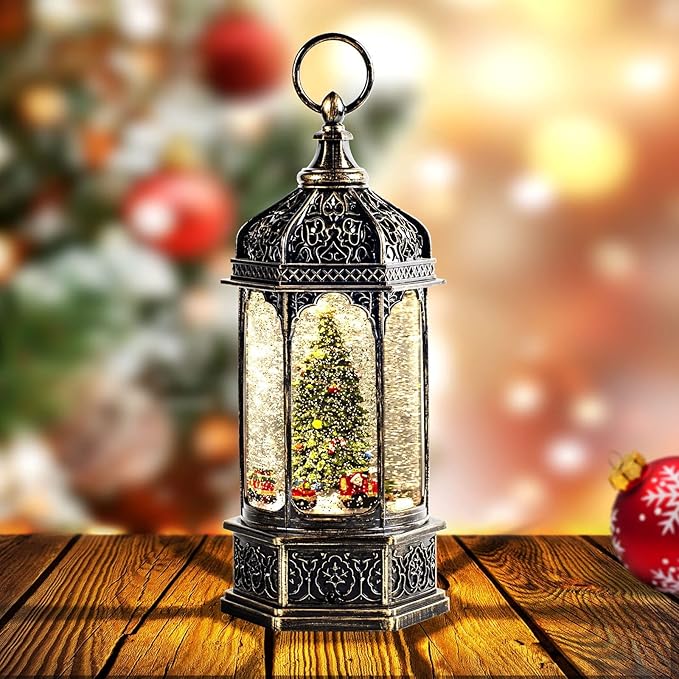 Christmas Snow Globes with Music,6H Timer Cylindrical Flashing Snow Ball,Bronze Musical Box Including 8 Songs,Glitter Snowflakes Lantern with Christmas Tree Xmas Decor Gift