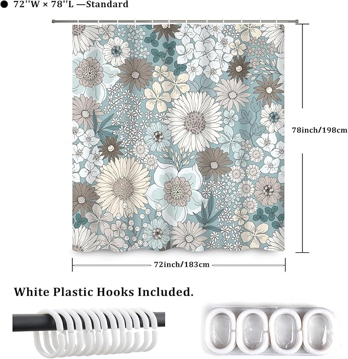Floral Shower Curtain Rustic Various Floral Plant Curtain for Bathroom Tropical Botanical Farmhouse Waterproof Decor Shower Curtain with Hooks 72x78Inch