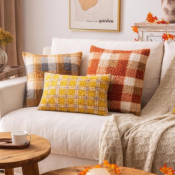 Yellow Plaid Fall Throw Pillow Covers 20x20 Inch Set of 2, Boucle Decorative Pillow Covers,Cozy Fluffy Home Living Room Farmhouse Decor for Sofa Couch Bed