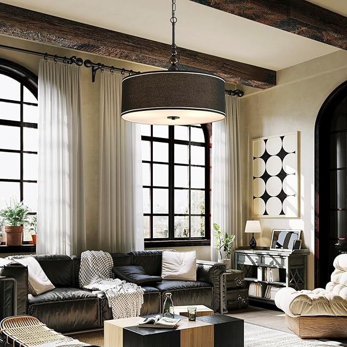 Shrine Lighting Drum Chandeliers, Farmhouse Style, Perfect Drum Pendant Light for Dining Room, D21'' x H8'', Adjustable Chains 59'', E26*3 Sockets, Black Linen Fabric Lampshade & Black Rod