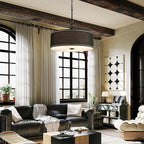 Shrine Lighting Drum Chandeliers, Farmhouse Style, Perfect Drum Pendant Light for Dining Room, D21'' x H8'', Adjustable Chains 59'', E26*3 Sockets, Black Linen Fabric Lampshade & Black Rod