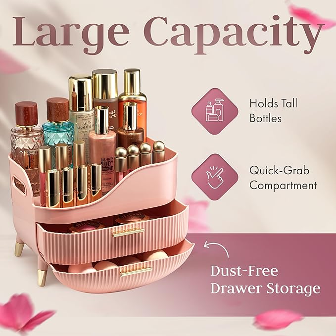 Large Makeup Cosmetic Countertop - Cosmetic Organizer - Vanity, Bathroom Storage for Skin Care Organizer - Space-Saving Design with Drawers - Open-Top, Gold Accents, Portable Side Handles (Pink)