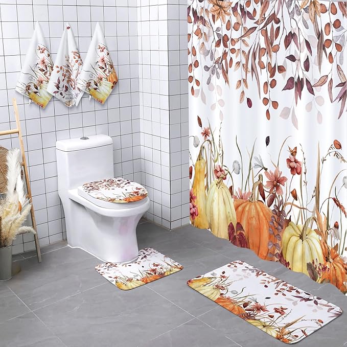 Newwiee 7 Pcs Fall Pumpkin Shower Curtain Sets Vintage Pumpkin Bathroom Set Thanksgiving Bathroom Curtain Shower Set Include Towels Non Slip Rugs Toilet Lid Cover Bath Mat(Fall Pumpkins Leaves)