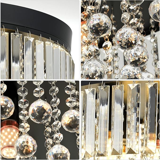 Black 9-Light Crystal Chandelier 22'' Modern Semi Flush Ceiling Crystal Hanging Light Fixture Sparkling Decoration for Entryway Bedroom Living Dining Room Kitchen Island Hallway Foyer