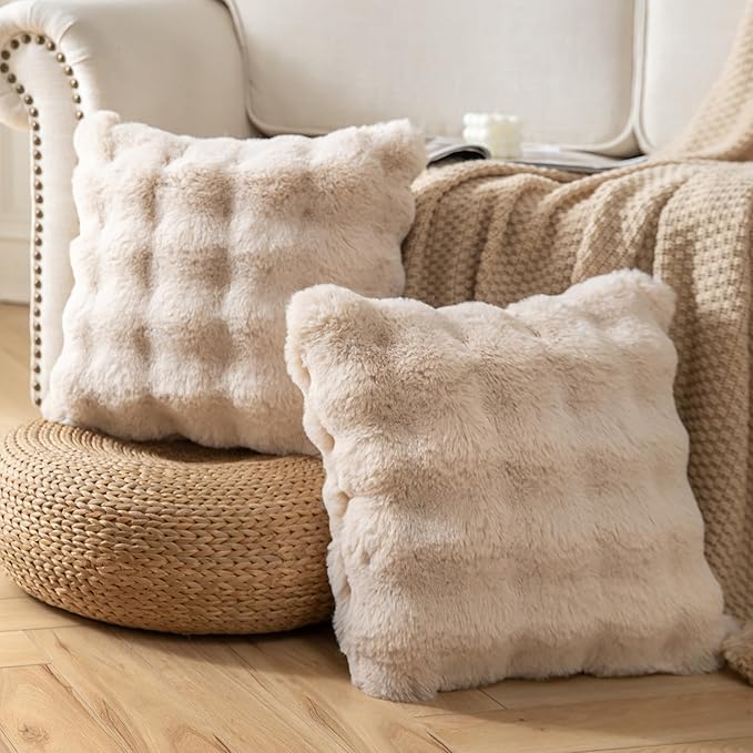 Pack of 2 Thick Plush Throw Pillow Covers Fluffy Wave Faux Fur Decorative Cushion Covers Soft Wool Pillowcase for Sofa Couch Livingroom 18x18 Inch Beige