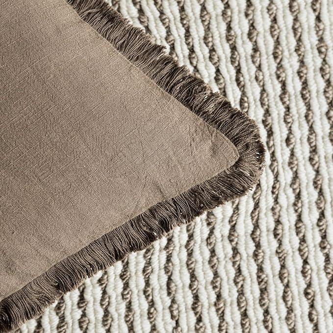 Foindtower Set of 2 Decorative Linen Fringe Throw Pillow Covers Cozy Boho Farmhouse Cushion Cover with Tassels Soft Accent Pillowcase for Couch Sofa Bed Living Room Home Decor, 26×26 Inch, Light Brown