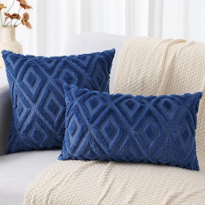 decorUhome Couch Throw Pillow Covers 26x26 Set of 2, Decorative Soft Plush Faux Wool Neutral Accent Pillow Covers for Bed Sofa Living Room, Blue