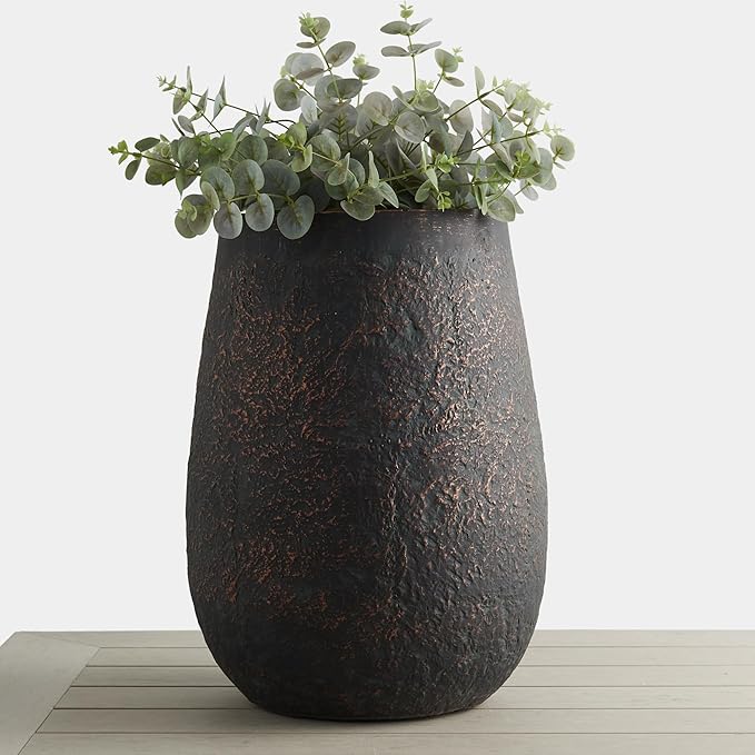 20" H Weathered Concrete Tall Planter, Black Large Outdoor Indoor Decorative Flower Pot with Drainage Hole, Modern Round Style for Home, Garden, Patio, Courtyard, Bronze Rust with Green Tone