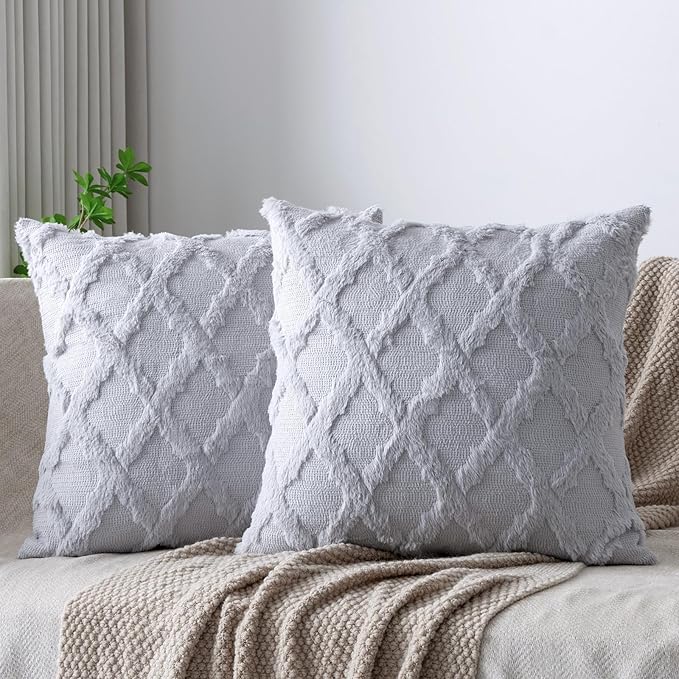 Set of 2 Soft Moroccan Throw Pillow Covers 24x24 Inch Plush Boho Decorative Pillow Cover Accent Cushion Case for Couch Sofa Bed, Grey