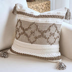 Boho Brown Decorative Pillow Cover with Cording and Tassels Handmade Accent Woven Textured Square Throw Pillow Case for Couch Sofa Farmhouse Living Room Home Decor 18"x18"