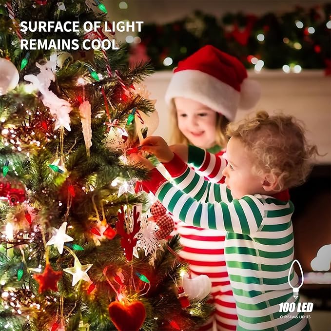 WATERGLIDE C6 Christmas Lights, 33ft 100 LED Faceted String Lights Green Wire Fairy Lights with Safe Adaptor, 8 Lighting Mode, Waterproof for Indoor Outdoor Patio Xmas Tree Party Decor, Red & Green
