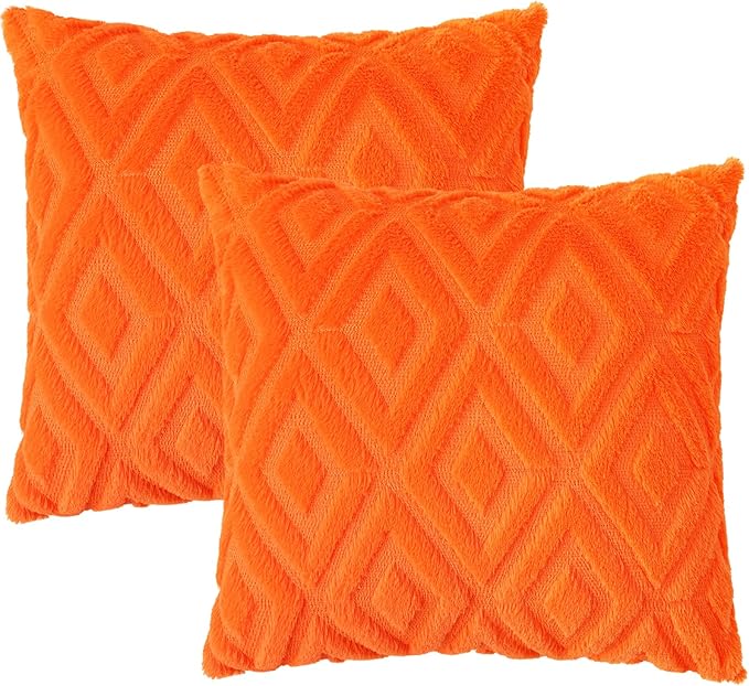 Pallene Orange Throw Pillow Covers 18x18 Set of 2, Soft Plush Faux Fur Decorative Couch Pillow Covers for Sofa Bed Living Room Pillow Cases with 3D Diamond Pattern