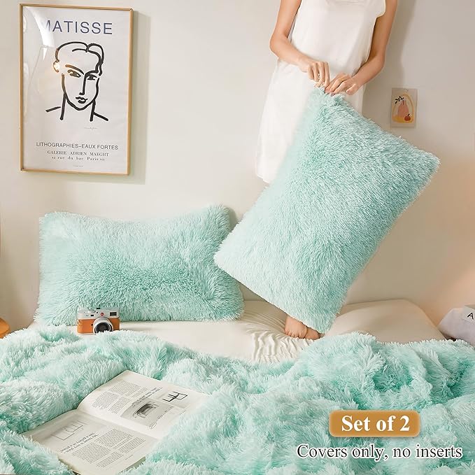 XeGe Faux Fur Throw Pillow Cases, Plush Shaggy Ultra Soft Pillow Covers, Fluffy Crystal Velvet Decorative Pillowcases, Furry Fuzzy Pillow Shams Zipper Closure, Set of 2 (King, Aqua Green)