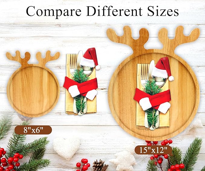 Small Wood Christmas Decor Tray 6" Round Plate MIni Wooden Xmas Cookies Trays Cheese Charcuterie Board Snack Plates for Christmas Holiday Decorations Serving Dish Decorative Dessert Appetizer Platter