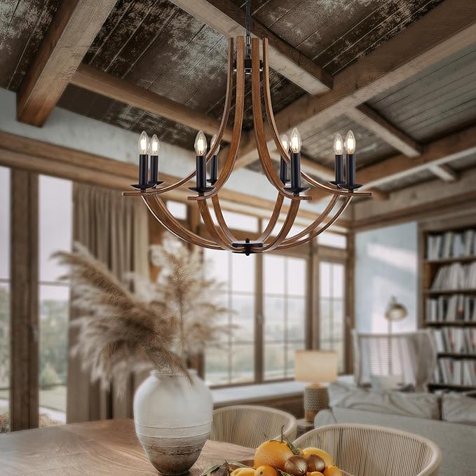 31.5" Large Wooden Chandelier 8-Lights Vintage Farmhouse Candle Style Chandeliers with Wood Finish Metal Industrial Retro Rustic Black Chandelier for Dining Room, Kitchen, Living Room, E12