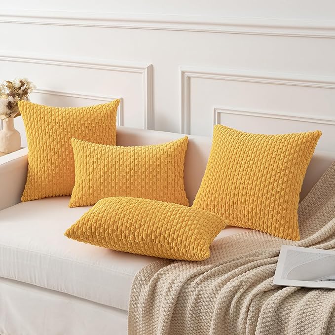 Kevin Textile Velvet Pillow Covers Striped Decorative Throw Cushion Case with Hidden Zipper for Home Couch/Bedroom 2 Pack (24x24 Inch Yellow)