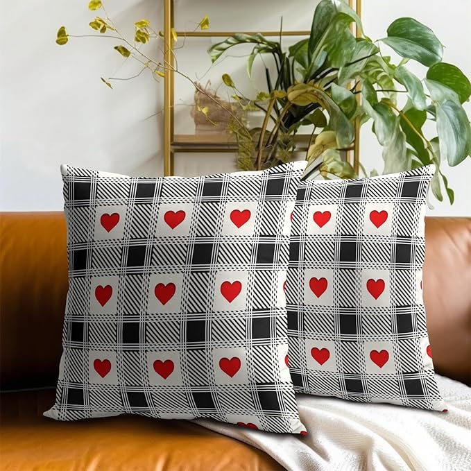 Love Hearts Throw Pillow Covers 18x18 Inch – Pack of 2 Black and White Checkered Plaid Romantic Cotton Hidden Zipper Pillowcases for Couch Sofa Chair Bed Porch Farmhouse Home Decor