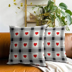 Love Theme Throw Pillow Covers Set of 2, 20x20 Inch Black White Plaid with Red Heart Print Square Pillowcases for Living Room Bedroom Sofa Couch Patio Outdoor Home Decor