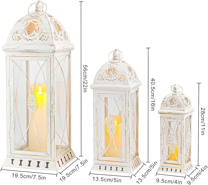 TRIROCKS Set of 3 Large Decorative Candle Lanterns 22''&16"&11" H Vintage Candle Holders for Garden Yard Patio Wedding Parties Events Christmas Indoors Outdoors(Beige with Gold Brush)