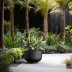Kante 17.7 Inch Dia Concrete Bowl Planter, Large Tapered Bottom Plant Pot with Drainage, Smooth Black Finish with Warm Brown Interior, Ideal for Porch, Home, Garden, Patio