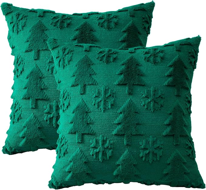 OTOSTAR Set of 2 Xmas Soft Plush Short Wool Velvet Decorative Throw Pillow Covers Square Luxury Style Cushion Case Pillow Shell for Sofa Bedroom Tree and Snowflake Green, 12x12 Inch