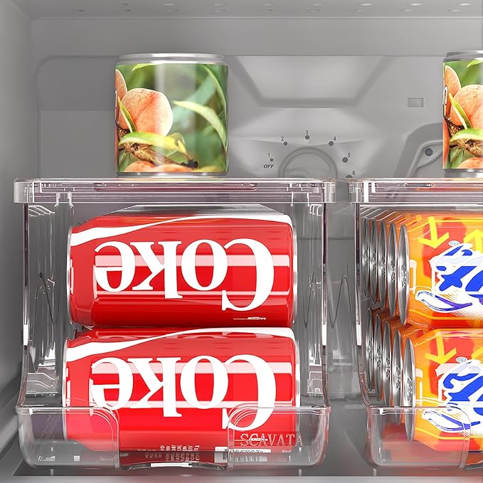 4 Pack Stackable Refrigerator Organizer, Soda Can Dispenser Pop Cans Container Beverage Holder with Lid for Fridge, Freezer, Kitchen, Clear Plastic Storage Bins-Holds 10 Cans Each -Transparent