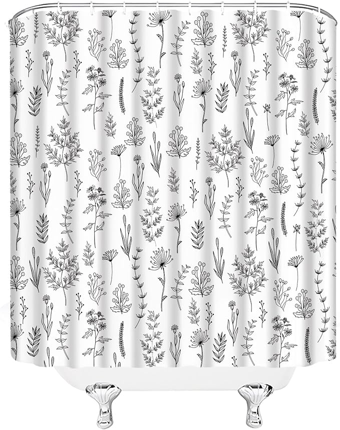 Black White Botanical Shower Curtain Boho Floral Farmhouse Neutral Cute Leaves Plant Retro Flowers Bathroom Curtain Set with Hooks(91" Wx70 H)