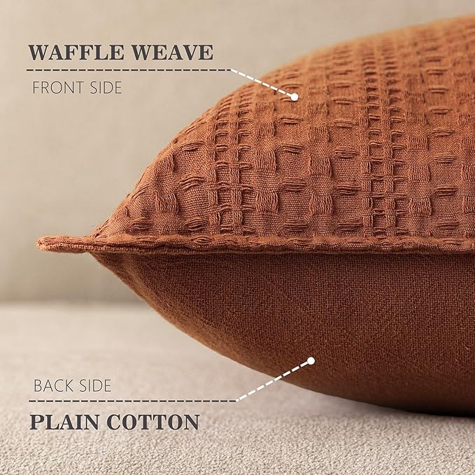 Foindtower Set of 2 Decorative Cotton Waffle Weave Throw Pillow Covers Euro Shams Cushion Covers Accent European Pillowcase for Bed Couch Sofa Bedroom Living Room Home Decor 18×18 Inch Burnt Orange
