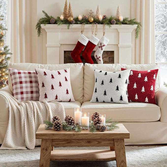 MIULEE Christmas Decorative Chenille Throw Pillow Covers, 18x18 Inch, Red White Tree, Set of 2 Cute Trees with Plaid Patterns Pillows for Sofa Couch Bedroom Chair Xmas Home Decor