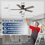 42" Smart Low Profile Ceiling Fan with Lights Remote,6 speed Quite DC Motor,WIFI Voice Control via Alexa App,Dimmable LED,Outdoor Indoor Flush Mount Fans for Small Bedroom Patio Porch,Black&Walnut