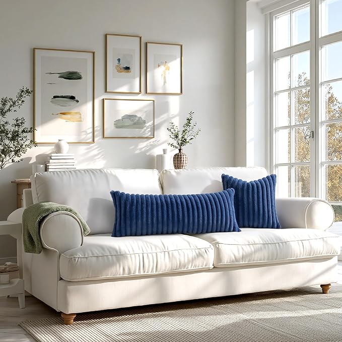 MIULEE Faux Fur Decorative Throw Pillow Covers 20x20 Inch Set of 2, Coastal Modern Art Home Decor Soft Plush Couch Pillows Cozy Fluffy Cushion Covers for Sofa Bed Navy Blue