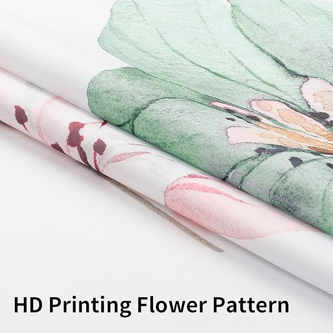 QiyI Flower Shower Curtain with Snap in Liner, Green Watercolor Floral Cloth for Bathroom, No Hook Shower Curtains with Mesh Top Window, Fabric Waterproof Bathroom Set, 72 x 75 Inch
