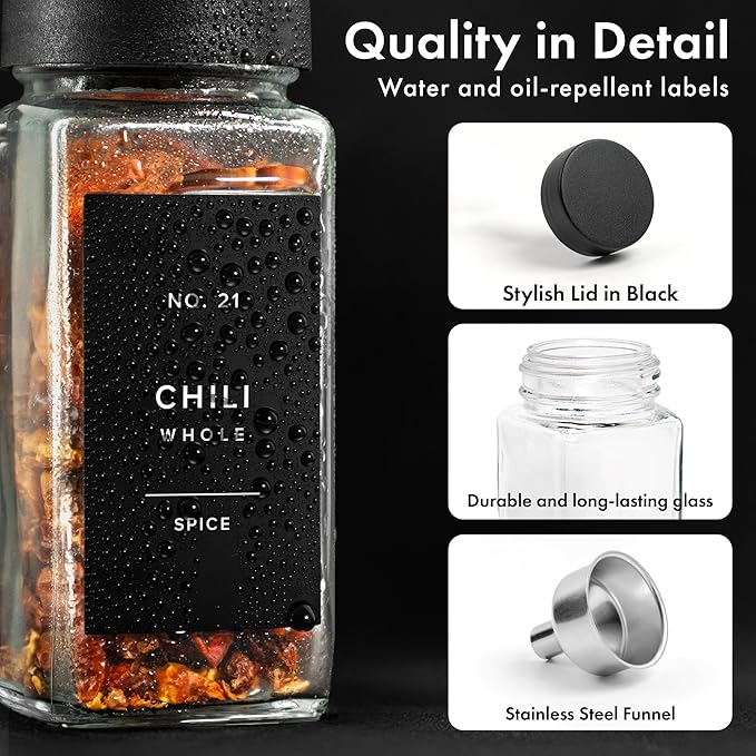 Glass Spice Jars with Labels (24 x 4oz) Spice Containers with 240 Labels, Shaker Inserts, Funnel, Empty Square Empty Square Seasoning Organizer (Black Lids)
