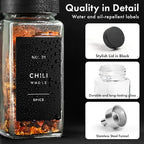 Glass Spice Jars with Labels (24 x 4oz) Spice Containers with 240 Labels, Shaker Inserts, Funnel, Empty Square Empty Square Seasoning Organizer (Black Lids)