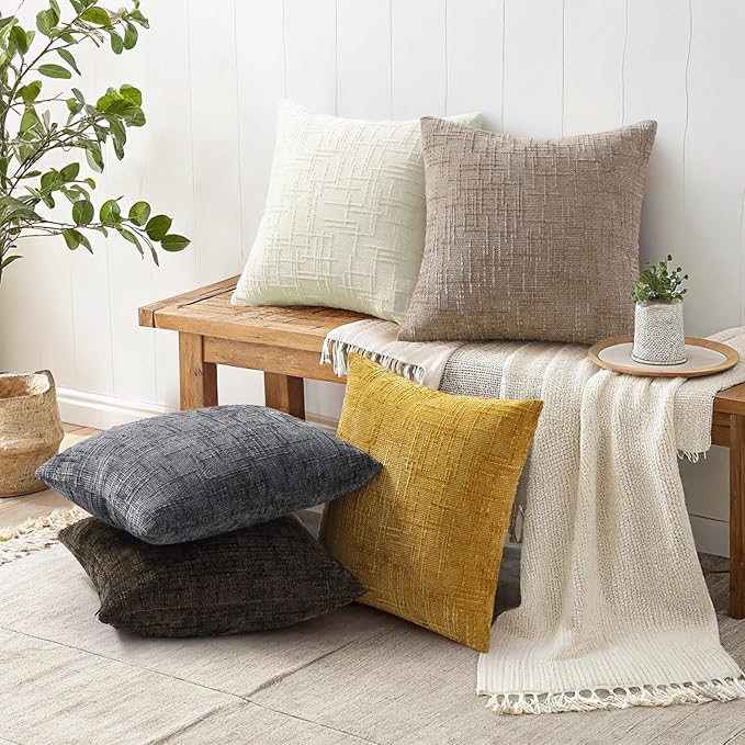 decorUhome Fall Oatmeal Chenille Throw Pillow Covers 18x18 Set of 2 Thick Textured Slubby Couch Pillow Covers Farmhouse Accent Modern Neutral Decorative Pillow Cases for Bed Sofa Living Room